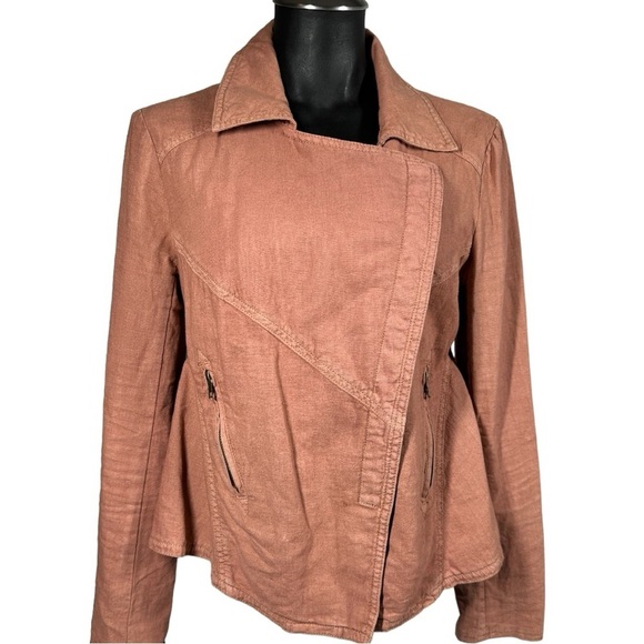 Free People Rosewood Linen Moto Style Jacket Zipper Pockets Snap Close XS - Picture 2 of 9
